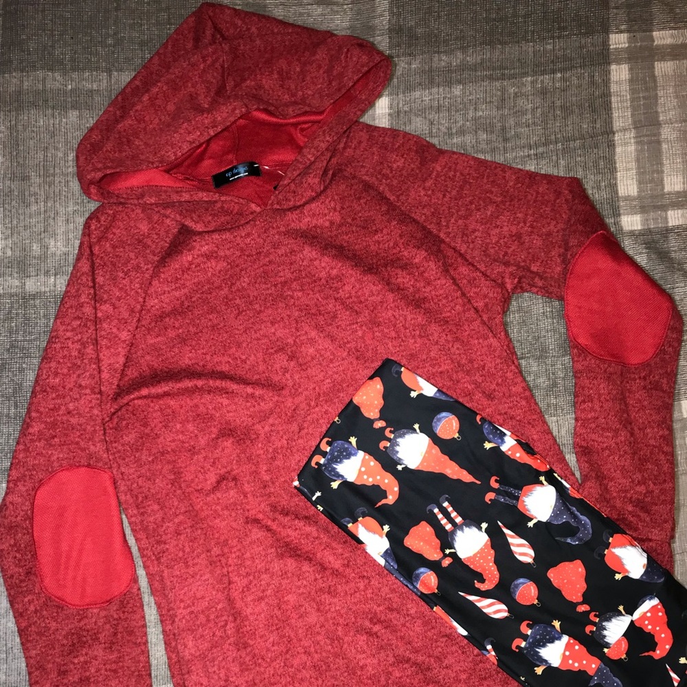 Tunic Length Red Patch Hoodie With Side Pockets